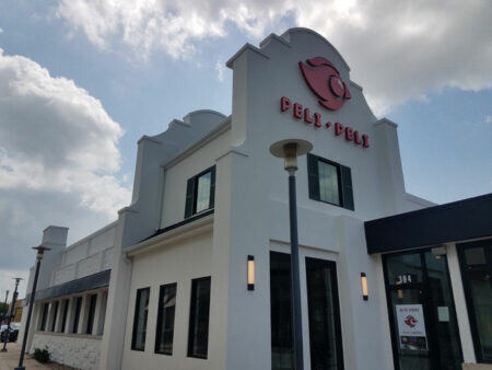 red Houston channel letter sign Peli Peli restaurant with logo