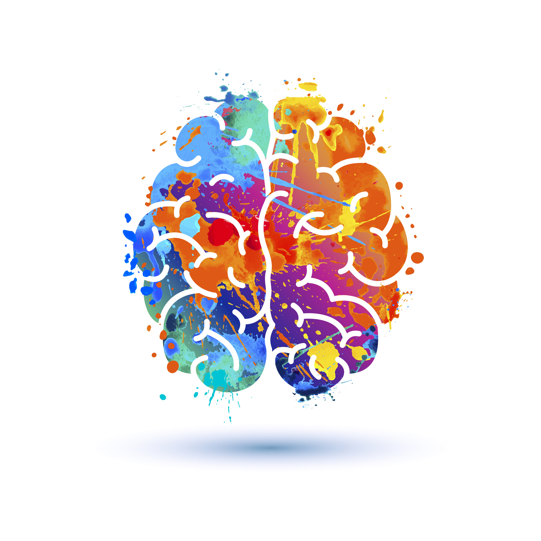 Human brain icon with splash of paint in different colors